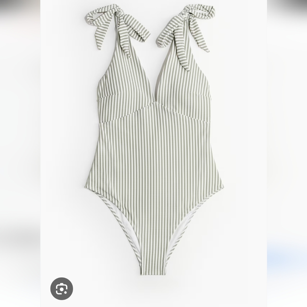 H&M || High Leg Swimsuit Tie Bow Shoulder Green White Stripe XL NWT